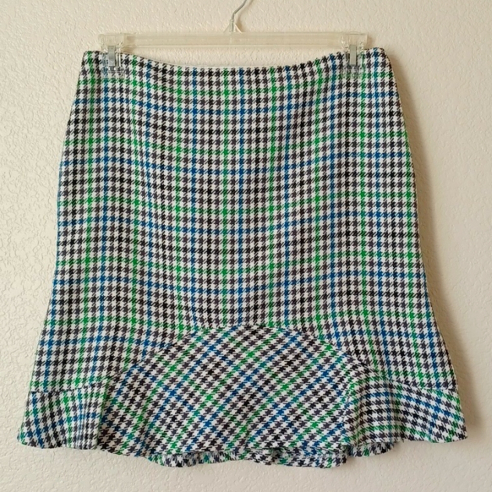 Nine & Company Flounced Houndstooth Skirt Blue Green Black White, Womens 10